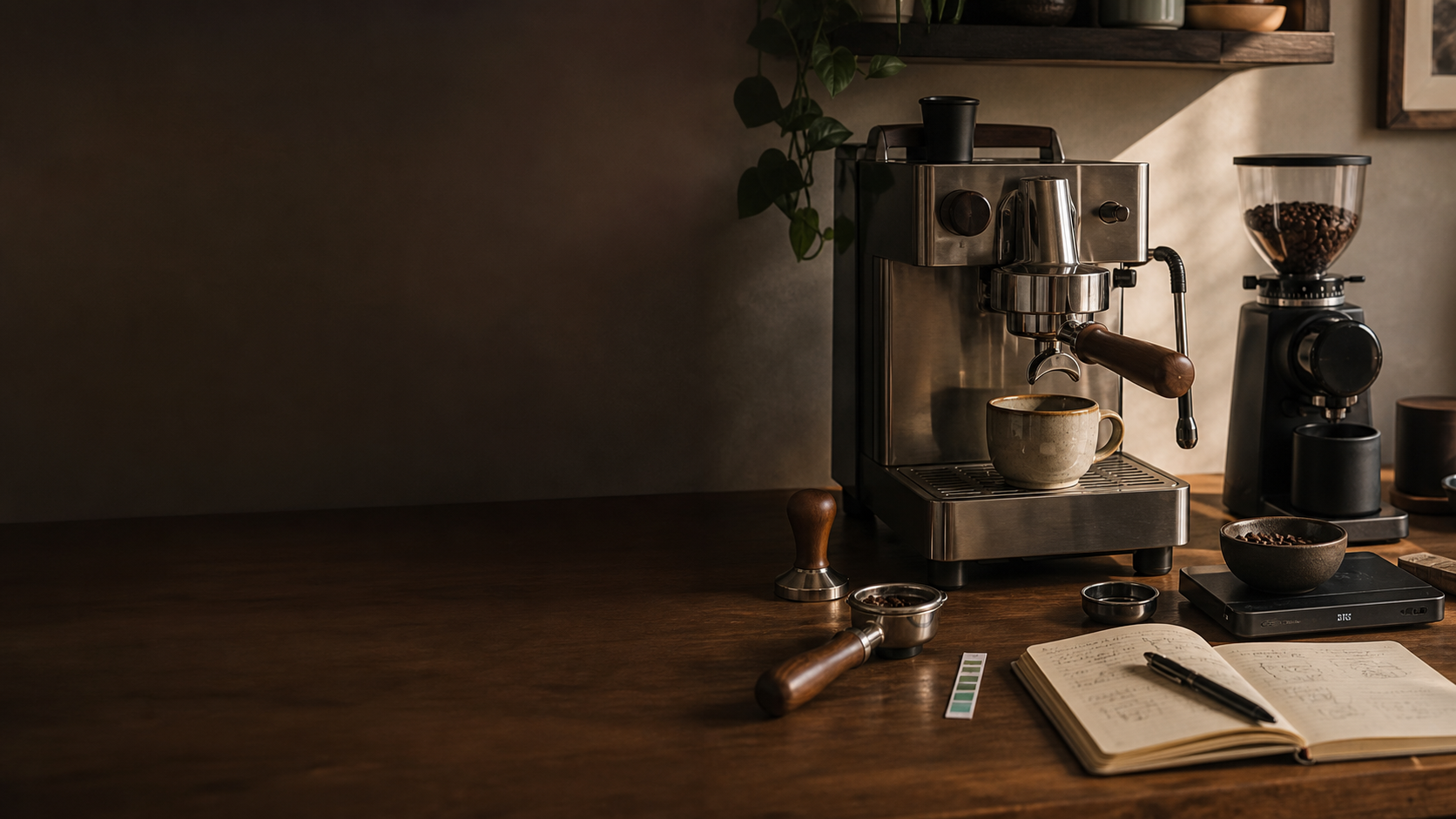 Home espresso testing bench with machine, grinder, scale, timer, and tasting notes