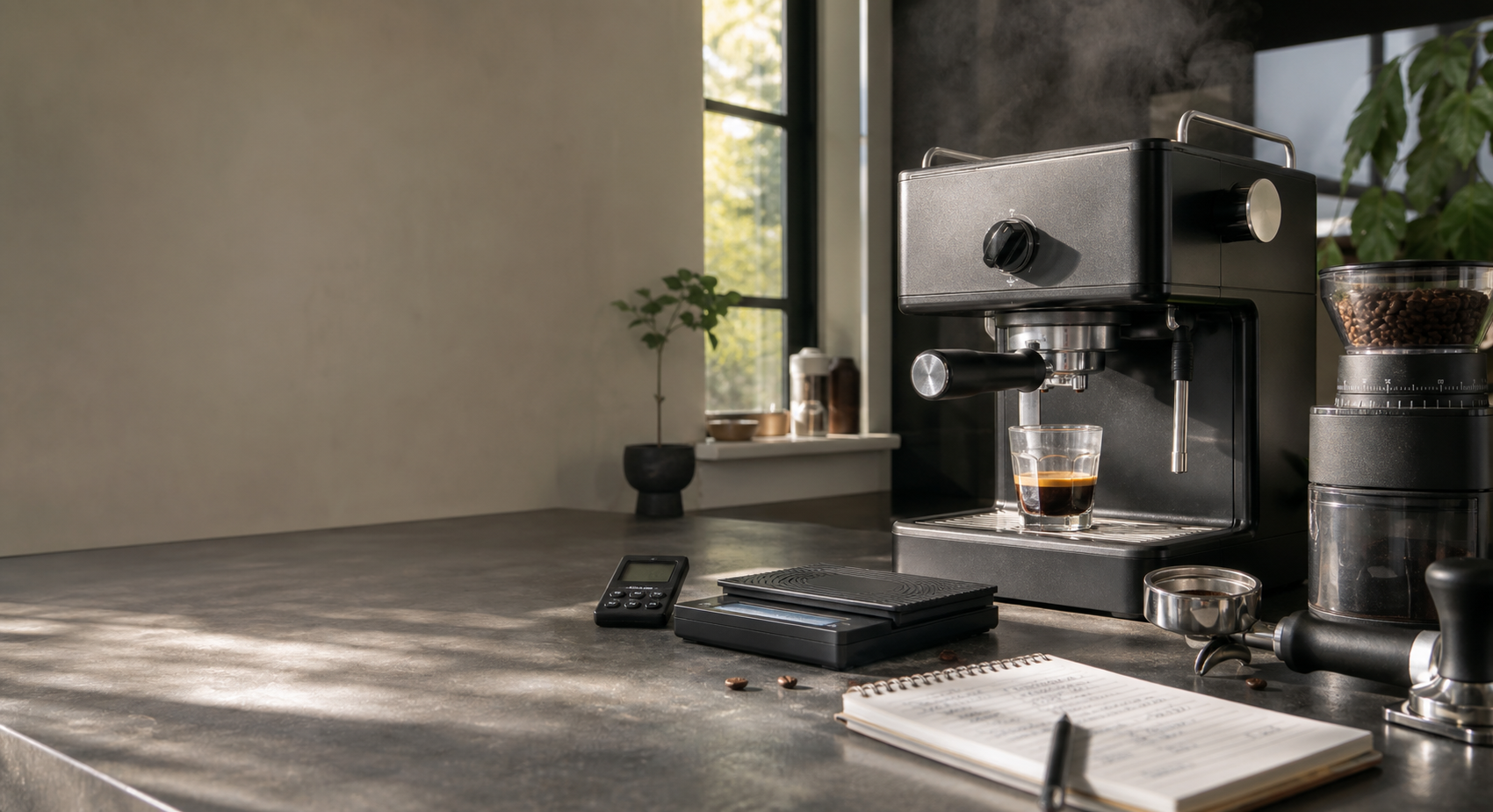 Espresso test bench with machine, notes, scale, and tasting setup