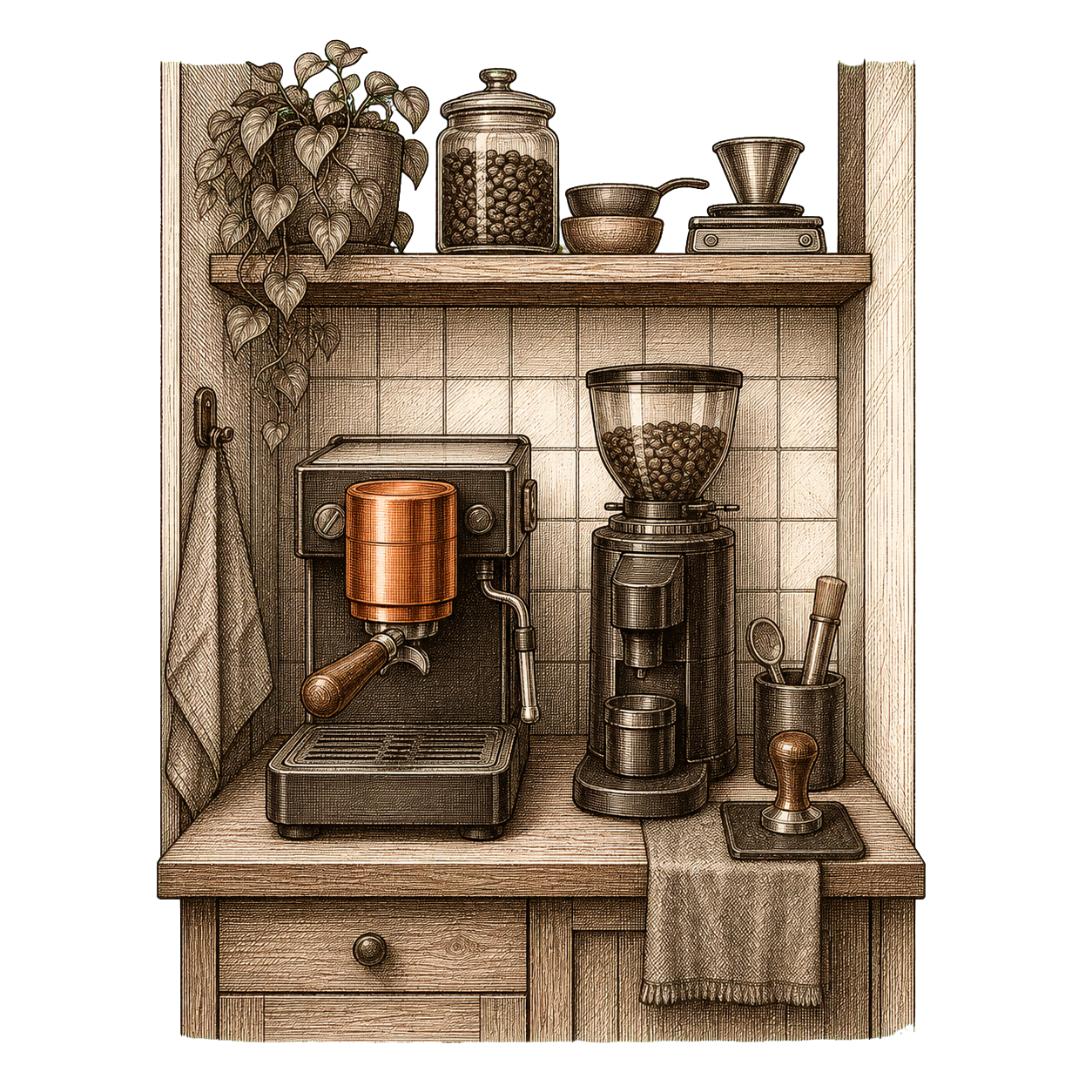 Engraving of a compact kitchen corner with espresso machine, grinder, scale, and a shelf above holding beans and accessories