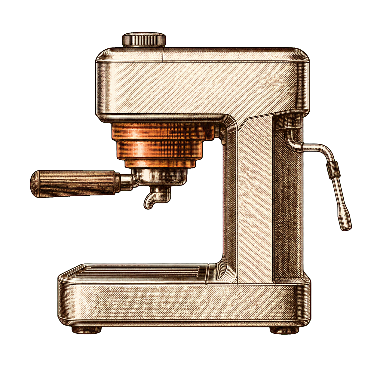 Technical side-profile engraving of a compact espresso machine showing group head and steam wand