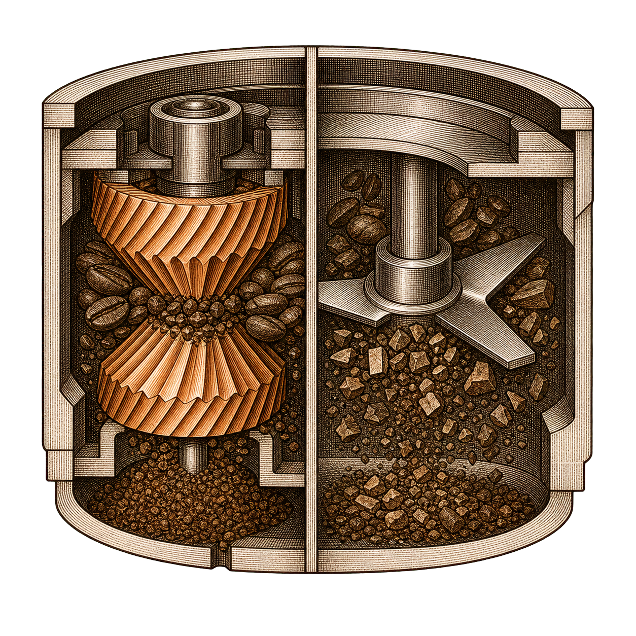 Cross-section comparison of conical burrs producing uniform particles versus a spinning blade producing uneven fragments