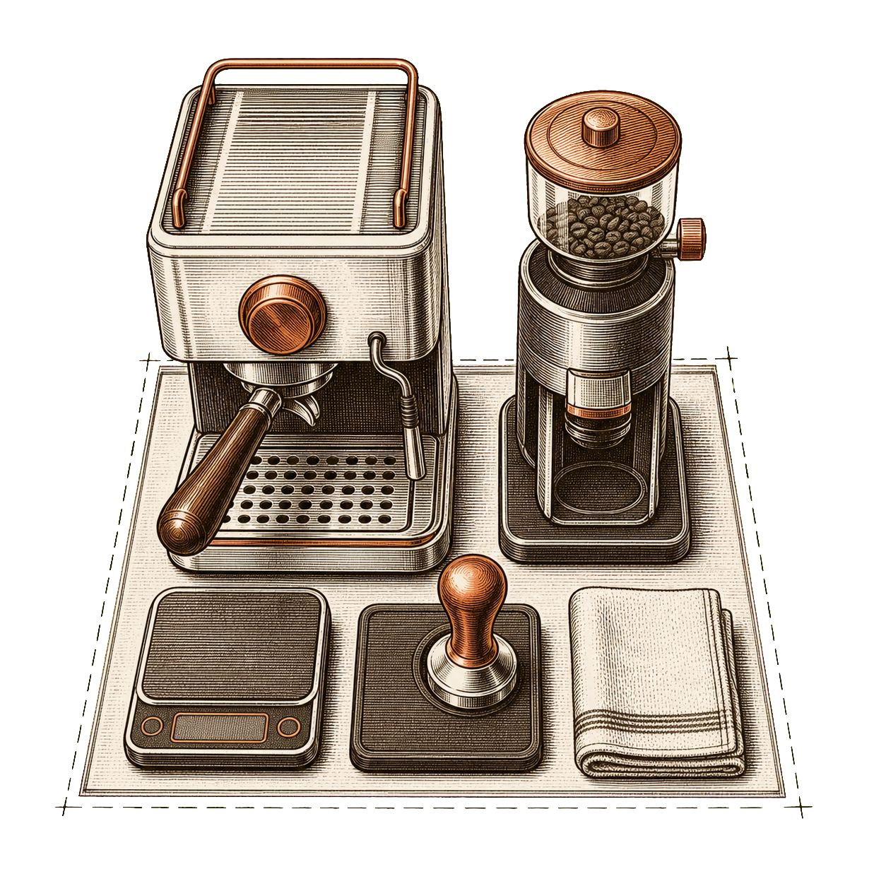 Top-down view comparing large and compact espresso machine footprints on a kitchen counter