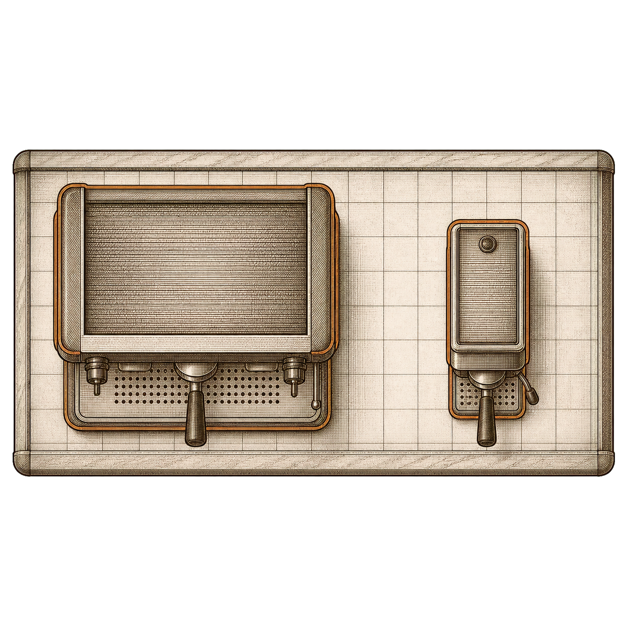Top-down view of kitchen counter showing large machine footprint rectangle versus compact machine footprint rectangle side by side