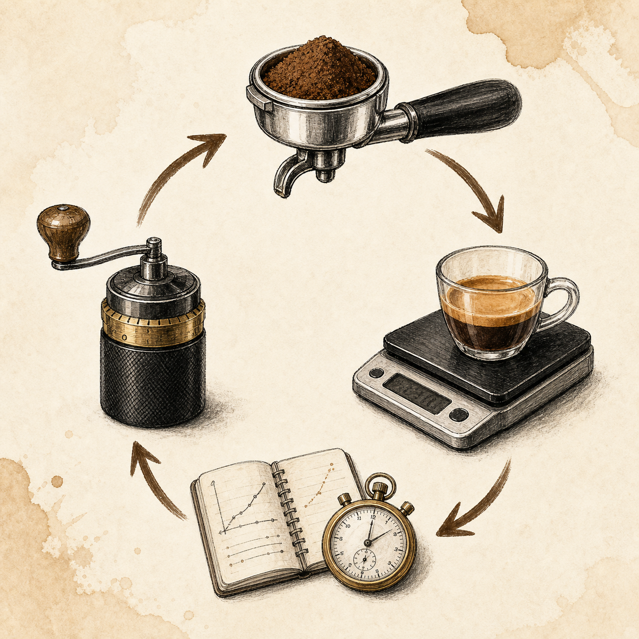 Illustrated espresso feedback loop from dose to yield, notes, and the next grind adjustment