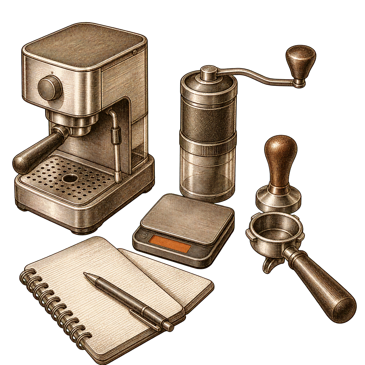 Overhead engraving of a home espresso testing bench with machine, grinder, scale, tamper, and notebook
