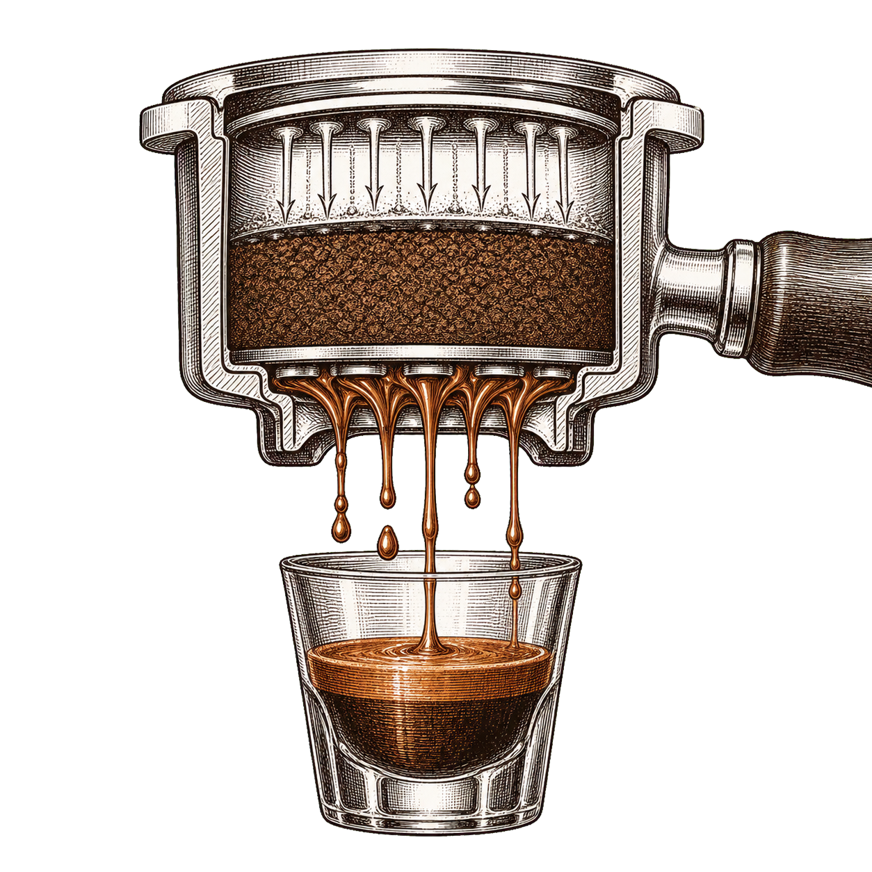 Pressurized water flowing evenly through an espresso puck in cross-section