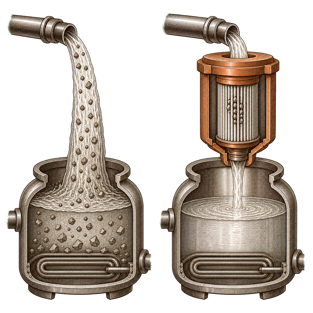 Engraving comparing unfiltered water stream with mineral particles versus filtered stream with particles caught by a cartridge