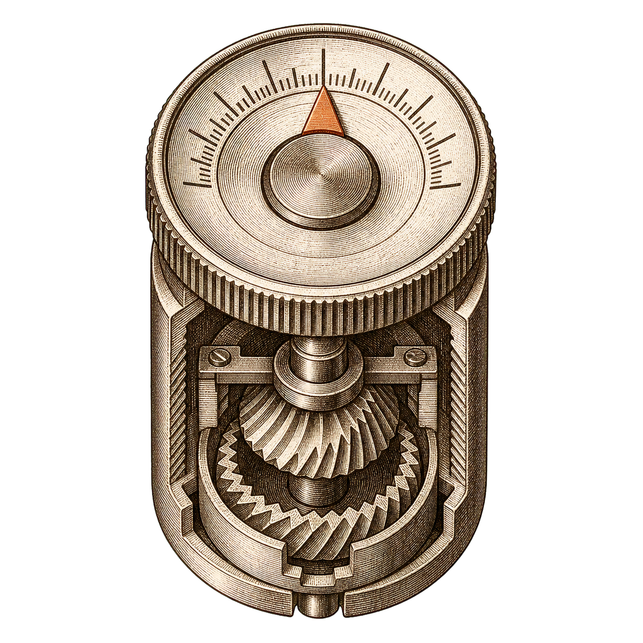 Coffee grinder adjustment dial showing the indicator pointing toward the fine end of the scale