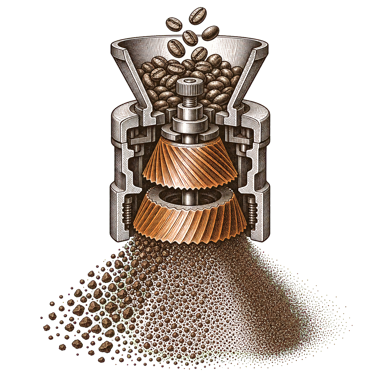 Cross-section of conical burrs crushing coffee beans into uniform particles