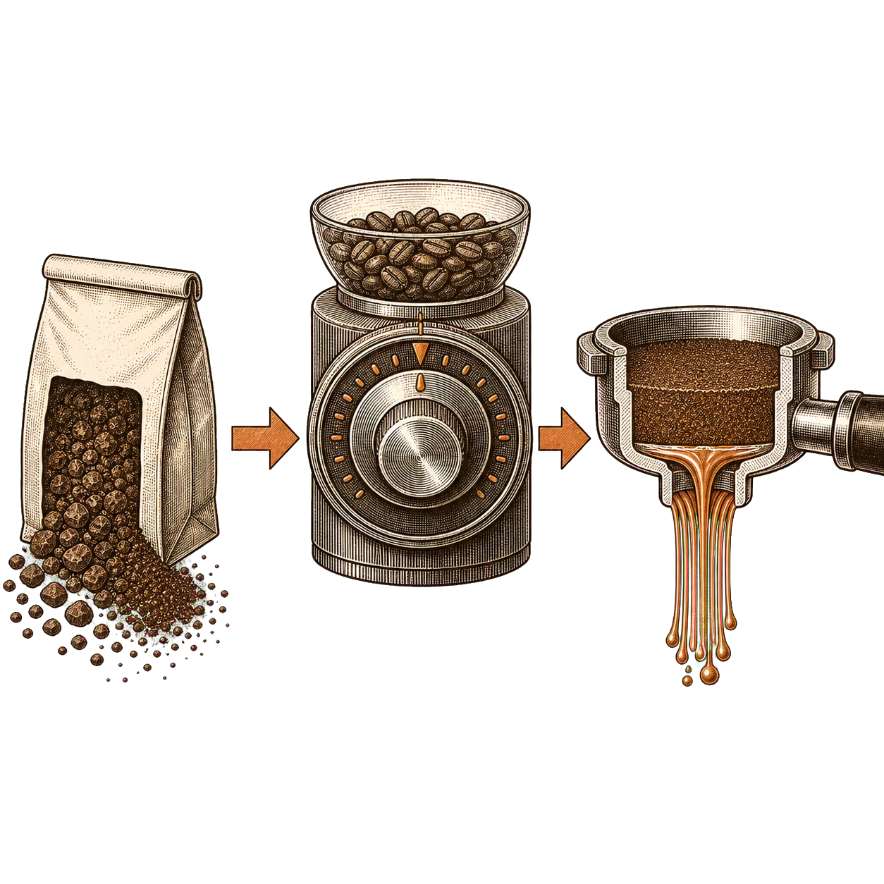 Engraved flow showing pre-ground coffee, a grinder adjustment dial, and an espresso puck