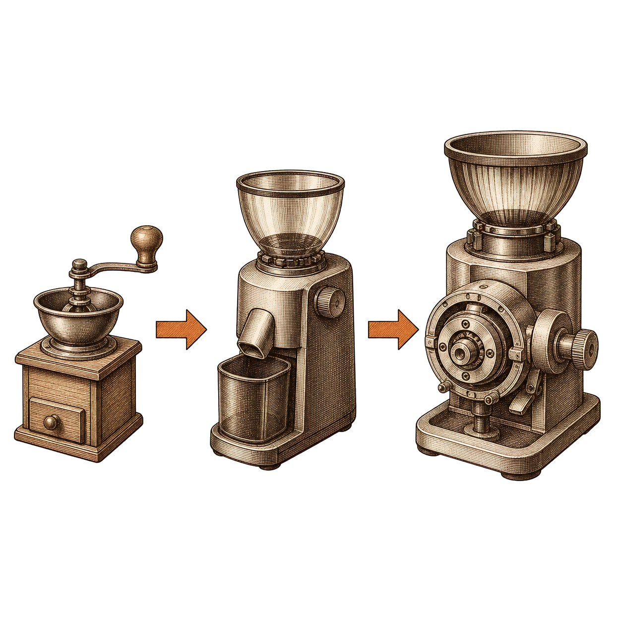 Three grinders arranged left to right from compact hand grinder to basic electric to robust flat-burr, connected by arrows