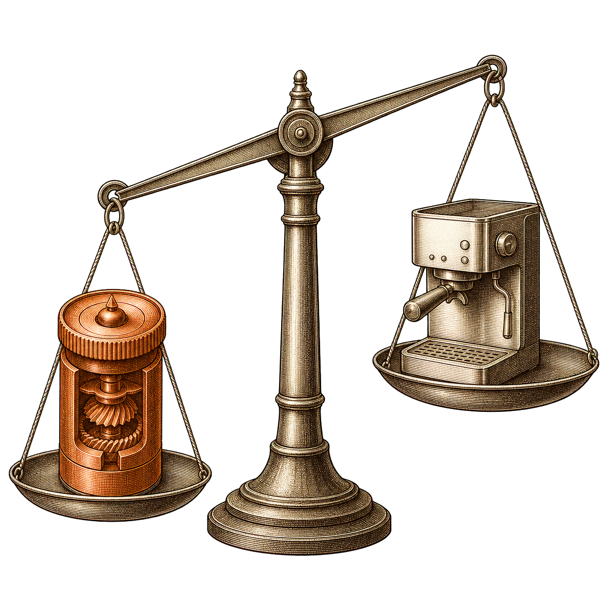 Balance scale with a coffee grinder outweighing an espresso machine
