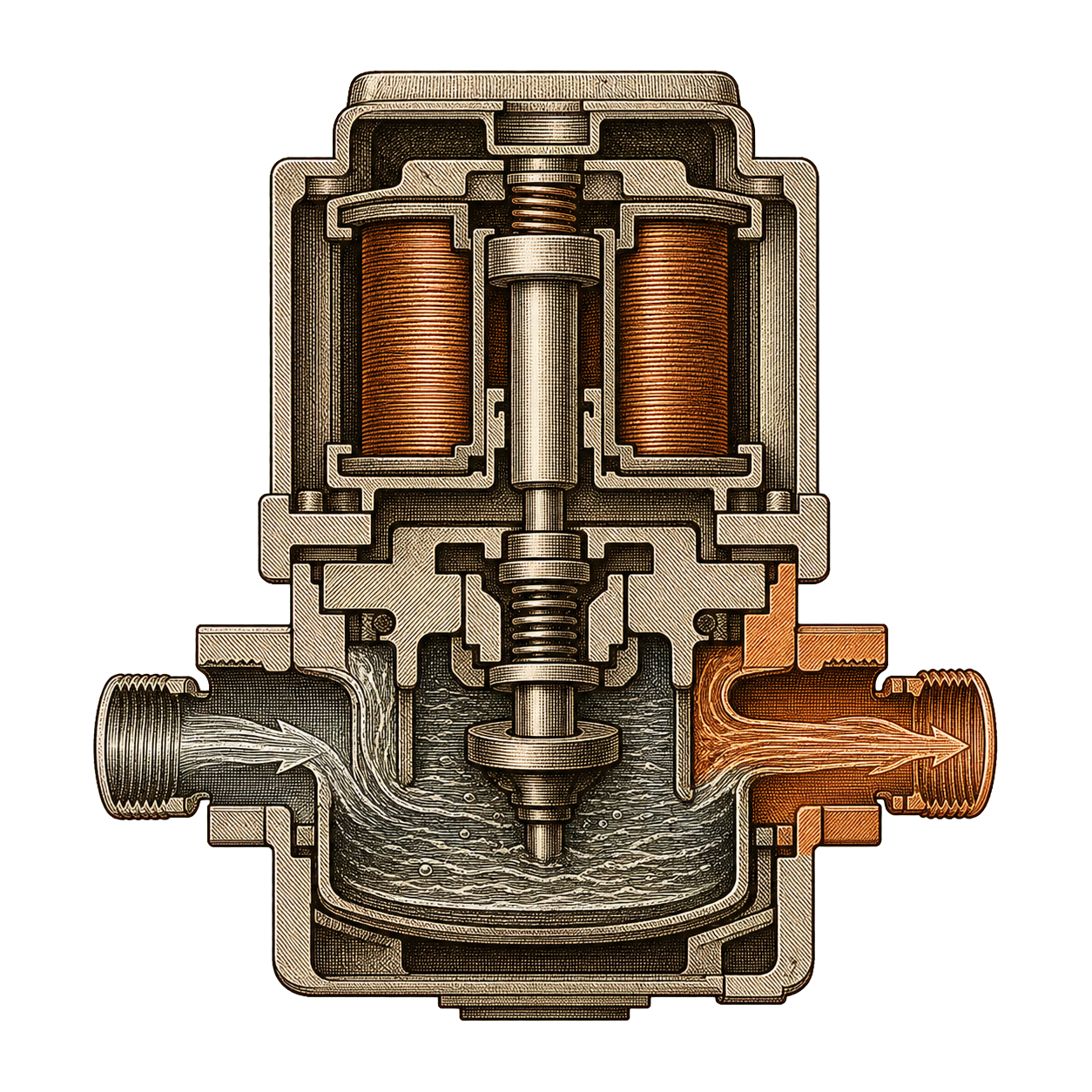 Technical cross-section engraving of a vibratory pump showing electromagnetic coil, piston, and pressurized water output