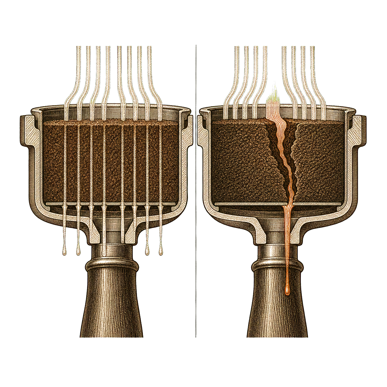 Cross-section comparison of even extraction versus channeling through the coffee puck