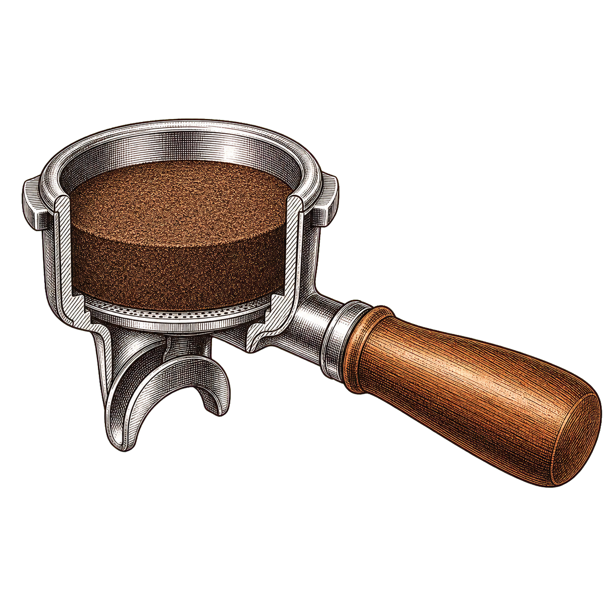 Cross-section of a portafilter basket showing an evenly distributed coffee puck