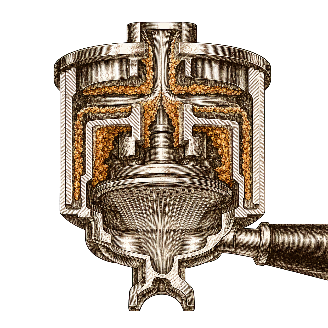 Cross-section of an espresso group head showing crystalline scale deposits narrowing the water channels