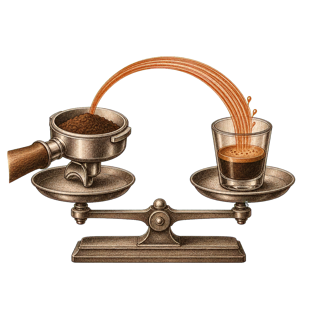 Scale with portafilter basket on one side and shot glass on the other connected by an arc of espresso flow