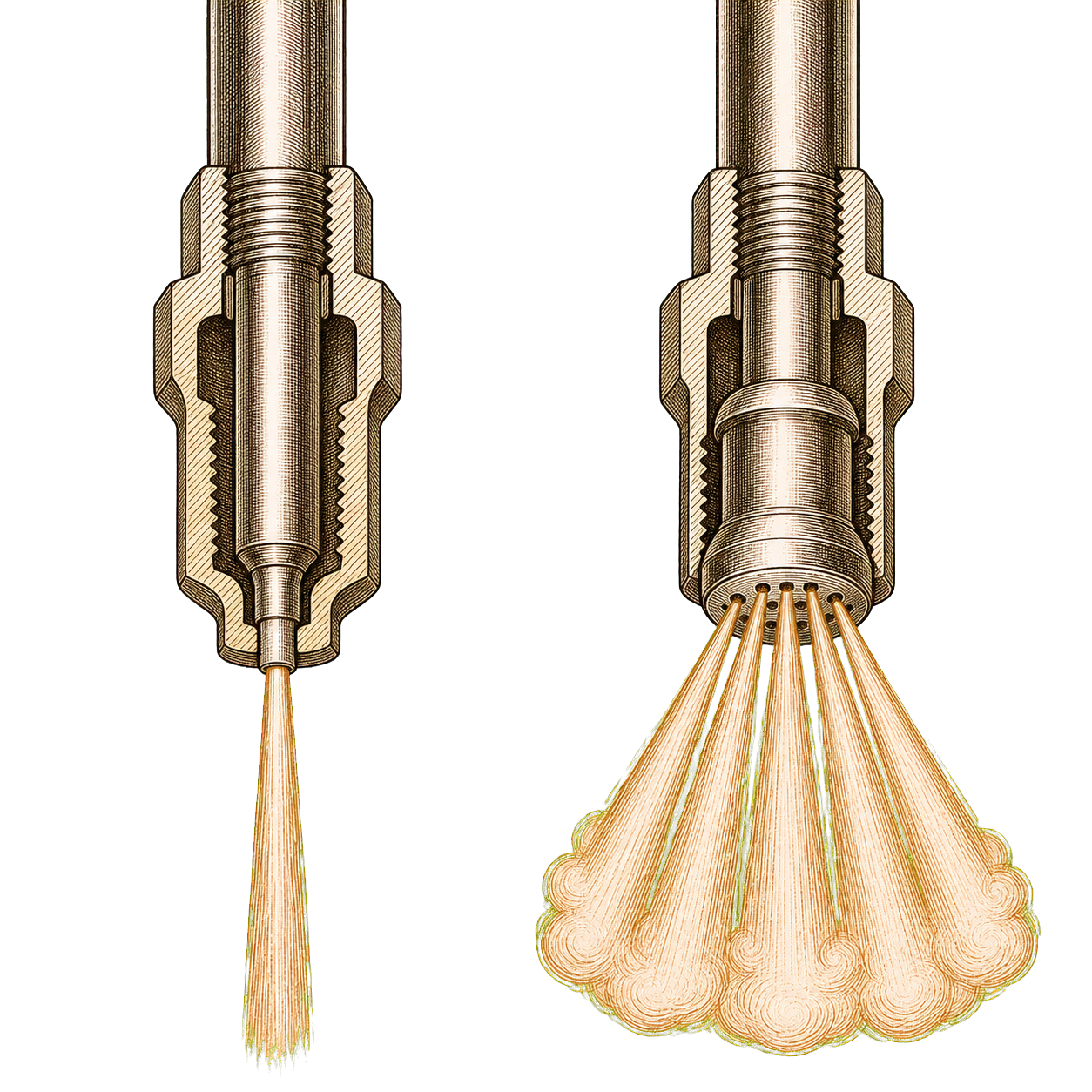 Cross-section comparison of a single-hole steam wand tip versus a multi-hole panarello tip