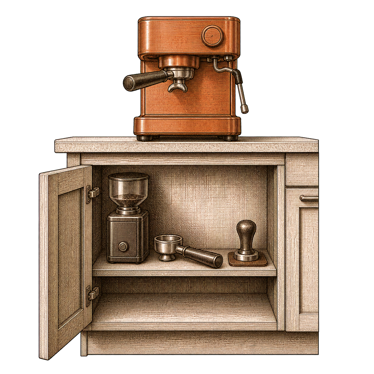 Cross-section of kitchen cabinet with compact espresso machine on counter above and grinder and accessories stored on shelf below