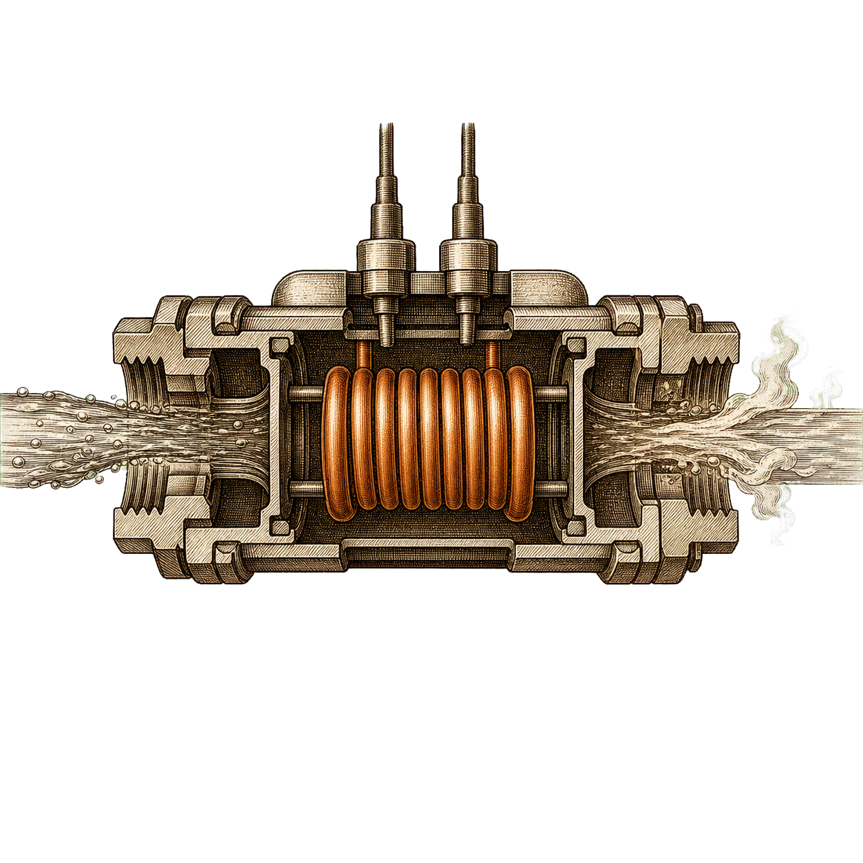Cutaway engraving of a thermojet heating element showing water path from inlet through the heating chamber