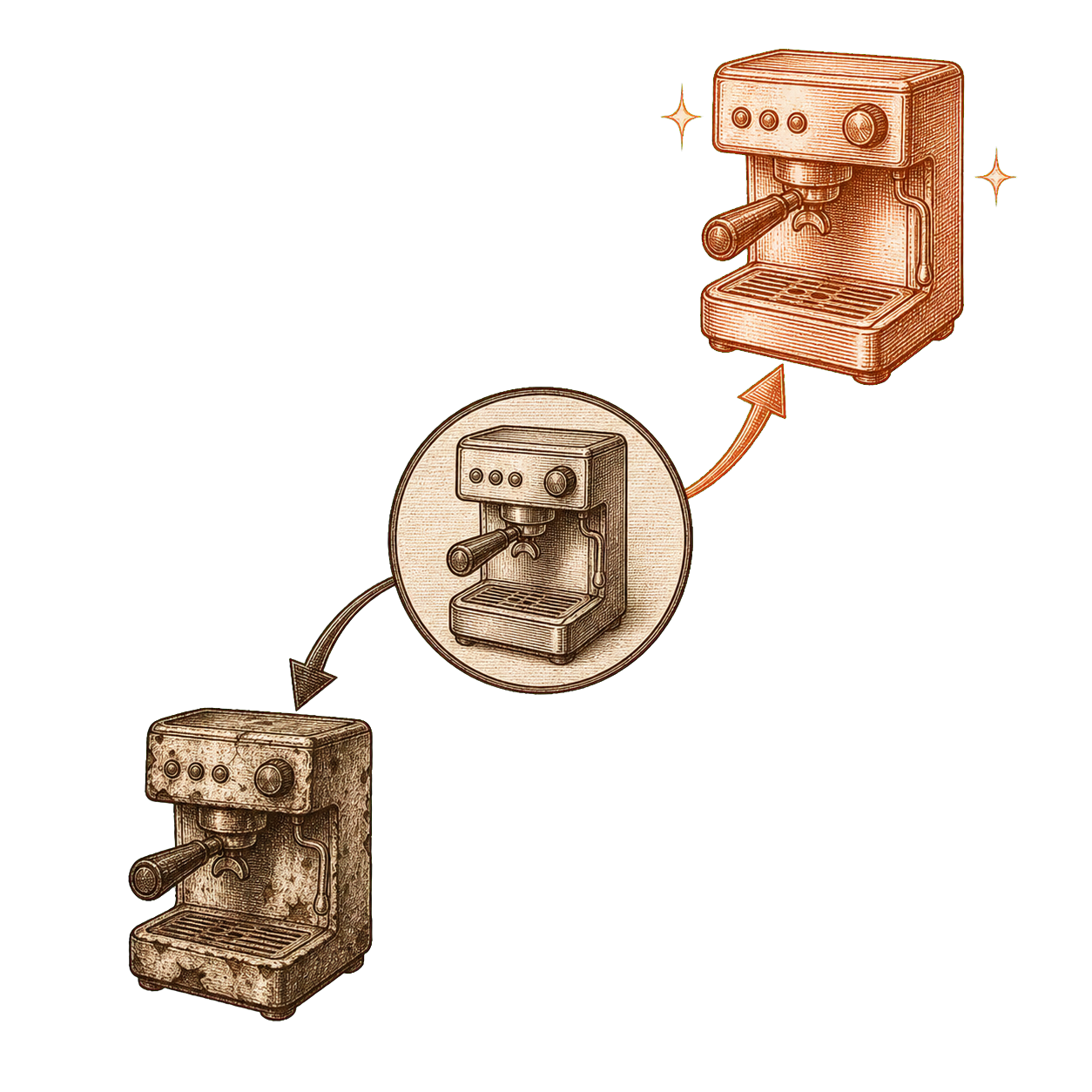 Hand-drawn decision tree with a central node branching to a worn machine icon below and an improved machine icon above