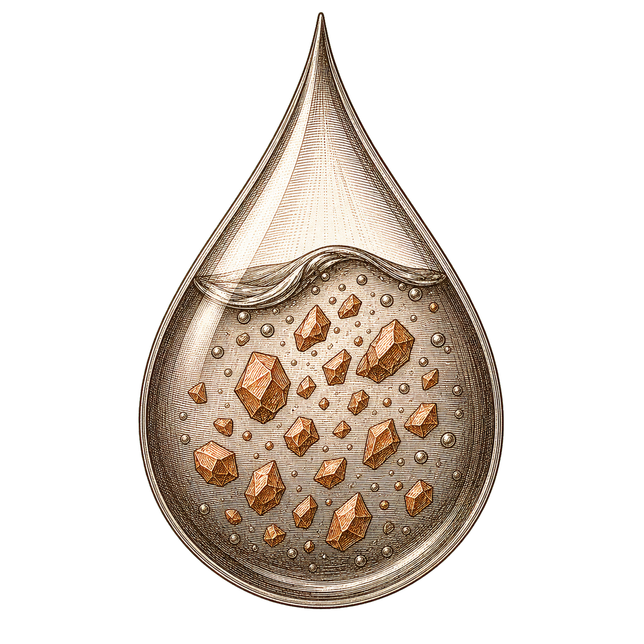 Cross-section of a water droplet with angular mineral crystal shapes suspended inside