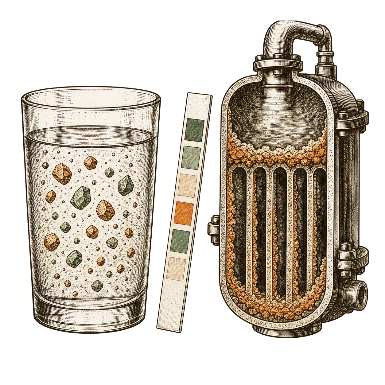 Cross-section showing mineral crystal deposits building up inside a boiler and water channels