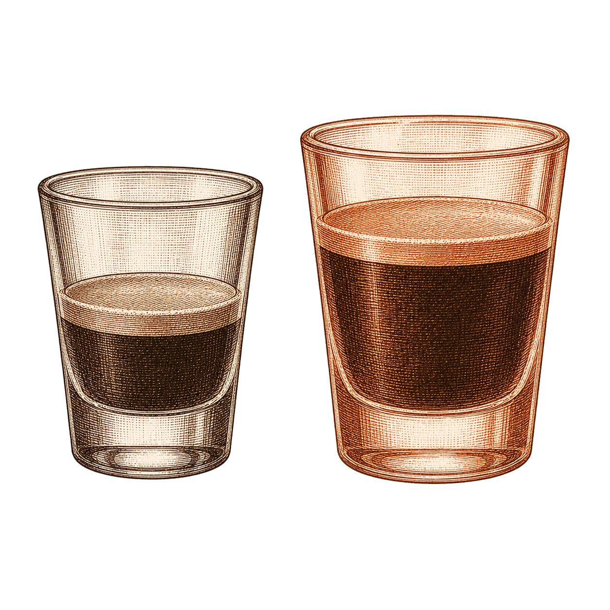 Two shot glasses side by side showing different yield volumes